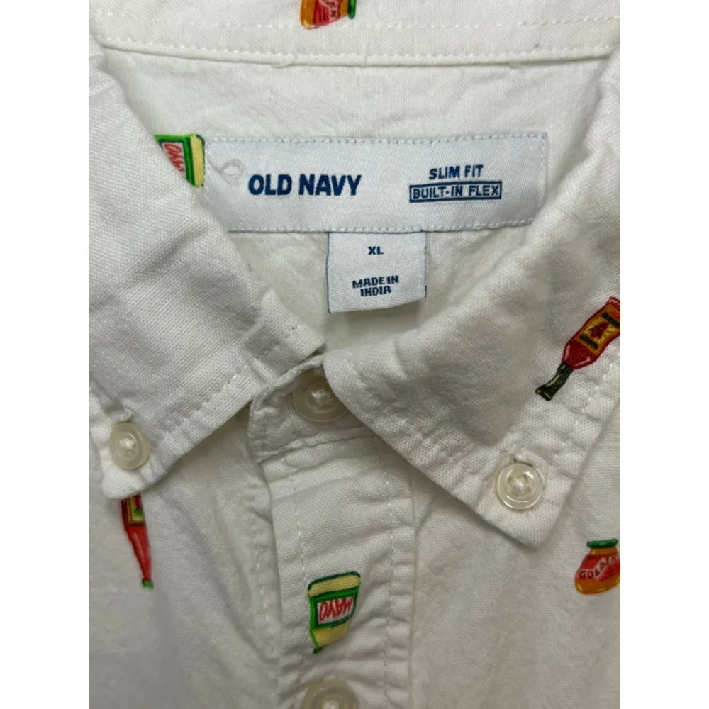 Old Navy White Condiment Print Slim Fit Casual Button Down Shirt Boys XL